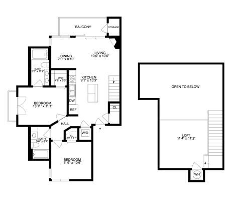 Floor plan for 2 beds, 2 baths, 1132 sqft